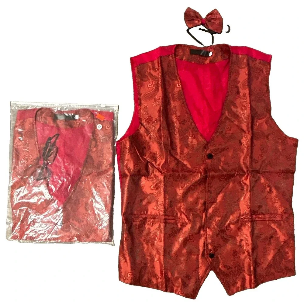 Men's Red Paisley Formal Tuxedo Vest Waistcoat w/ Matching Bow Tie, XL